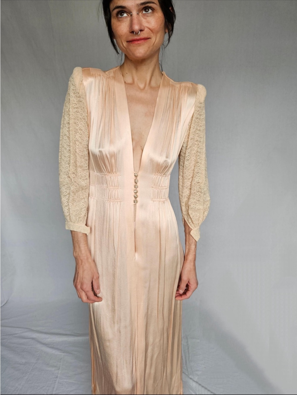 1930’s Elegant Blush Satin and Lace Midi Dress (shoulder pads removed) - Picture 1 of 13